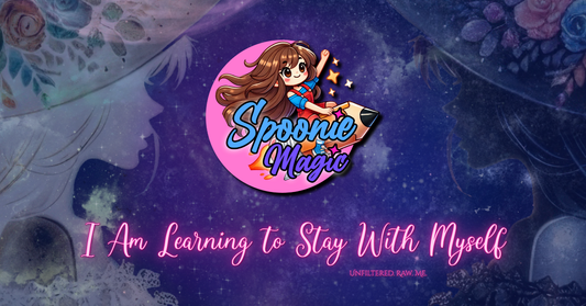 Soft, neutral-toned header graphic with the blog title 'I Am Learning to Stay With Myself' in elegant script. The background features a gentle blend of muted cream and beige, evoking calm, introspection, and emotional warmth.
