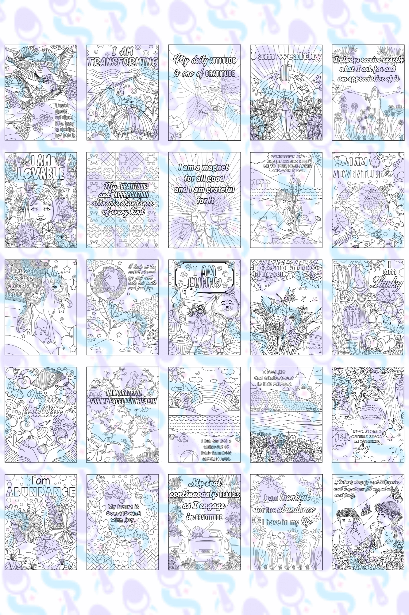 Coloring Book - Amazing Affirmations: Inside Look: Explore empowering affirmations intertwined with intricate designs, fostering positivity and mindfulness on high-quality paper.