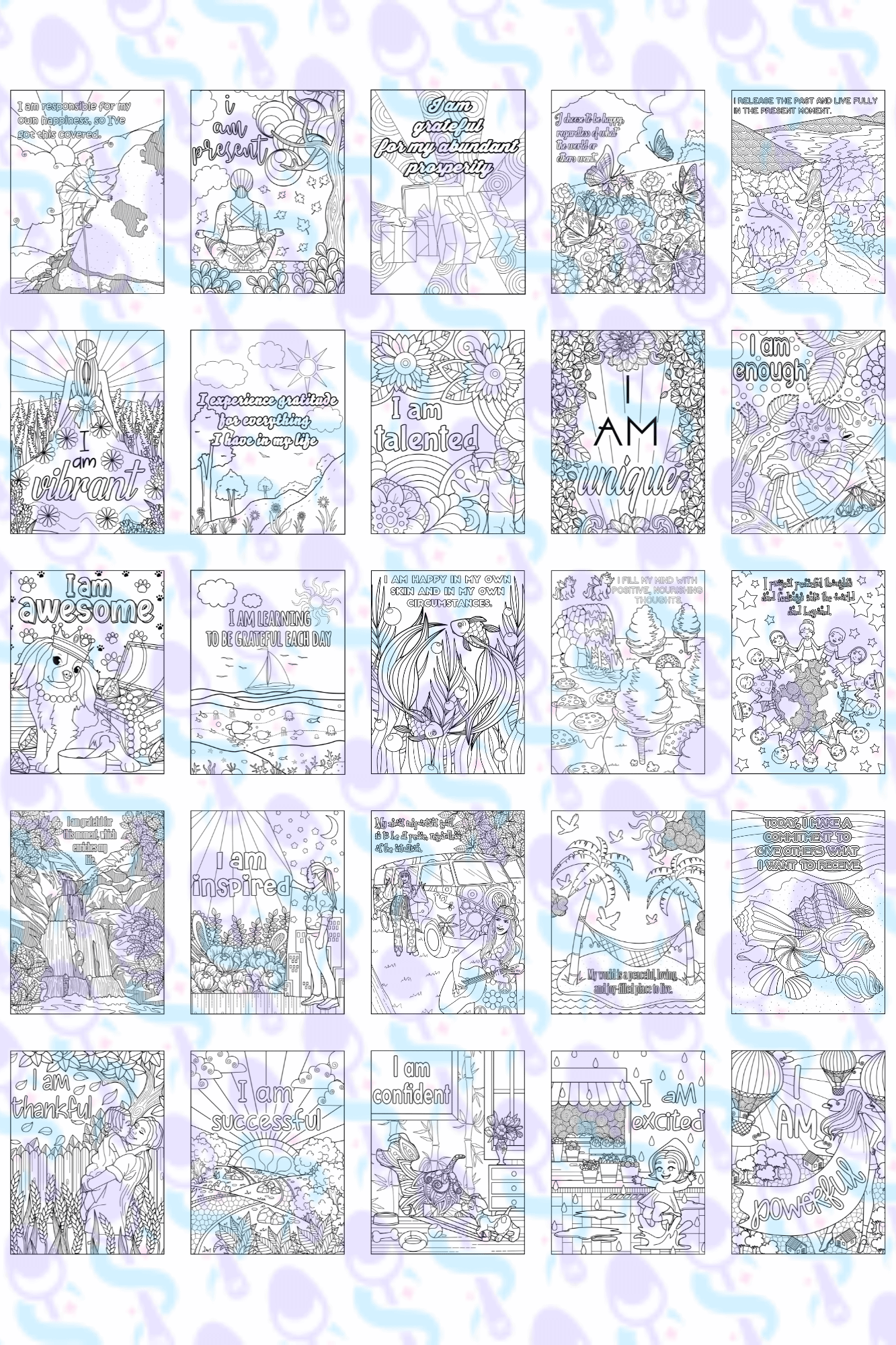 Amazing Affirmations Adult Coloring Book - Inside Preview: Discover intricate designs paired with uplifting affirmations on premium thick paper, perfect for mindfulness and self-love.