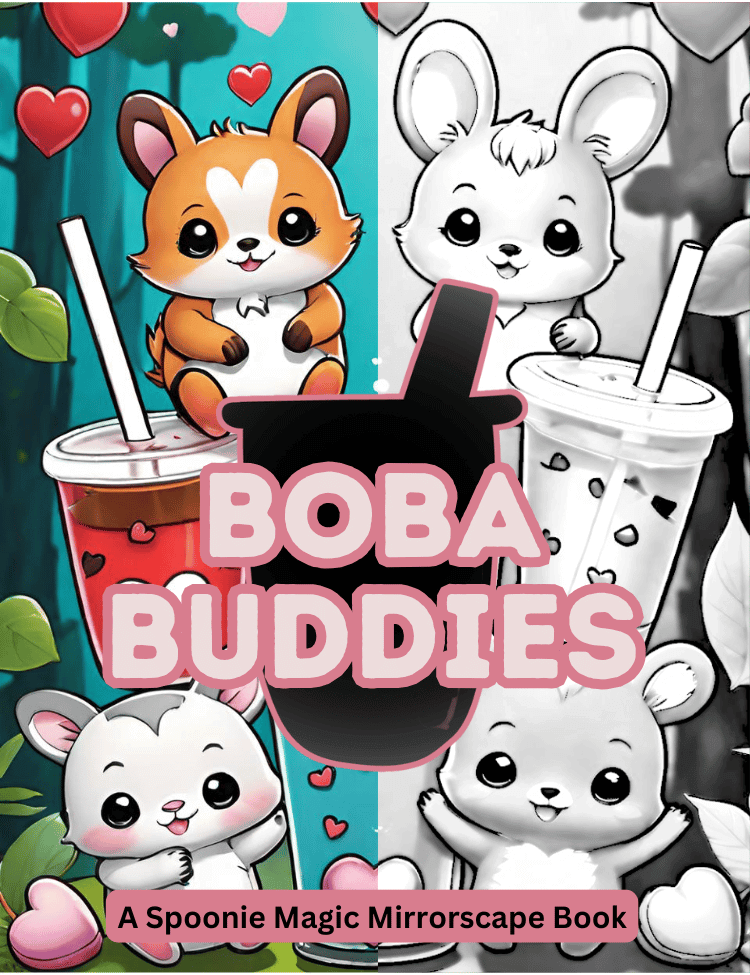Coloring book titled 'Boba Buddies' with cartoon animals and boba drinks on a blue background.