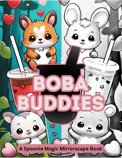 Coloring book titled 'Boba Buddies' with cartoon animals and boba drinks on a blue background.