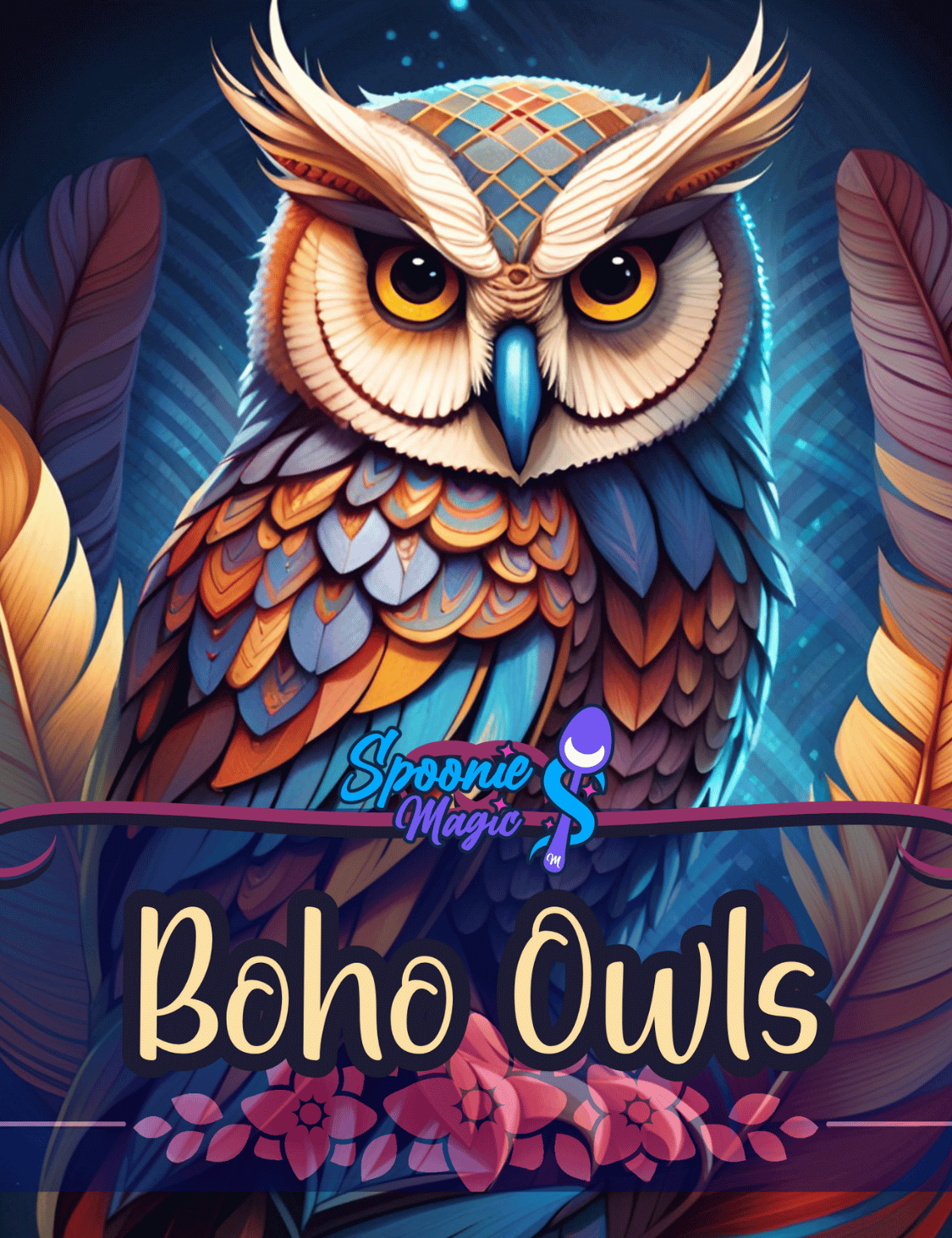 Colorful owl illustration with 'Boho Owls' text and Spoonie Magic logo on a dark background