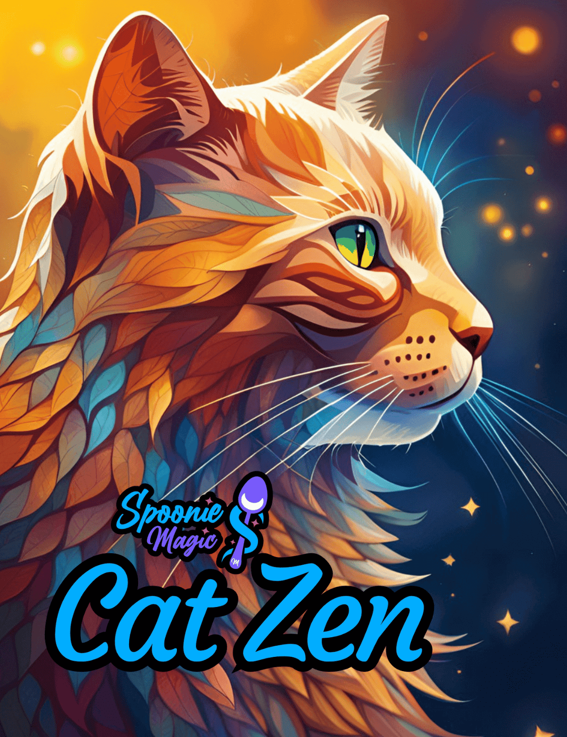 Colorful cat illustration with 'Spoonie Magic Cat Zen' text on a starry background