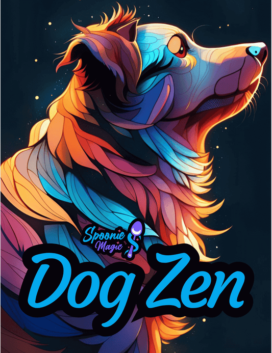 Colorful dog illustration with 'Spoonie Magic' logo and 'Dog Zen' text on a dark background