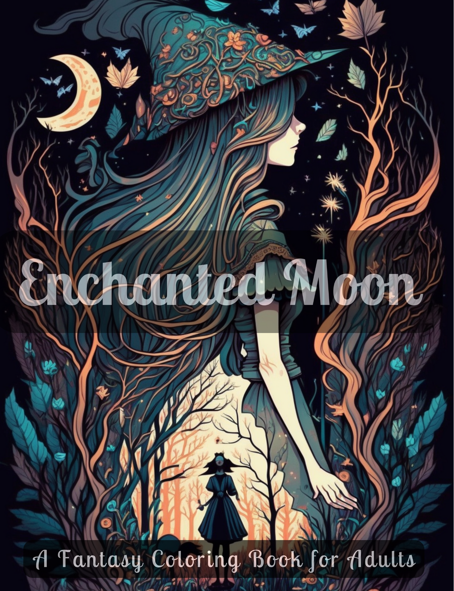 "Enchanted Moon Adult Coloring Book Cover: A whimsical illustration featuring mystical witches in a moonlit night, surrounded by magical elements and vibrant colors, inviting creative exploration and imaginative immersion."