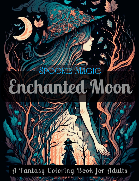 Fantasy coloring book cover with a witch and moon design, titled 'Enchanted Moon'.