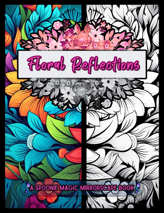 Colorful and black and white floral design with 'Floral Reflections' text on a book cover.