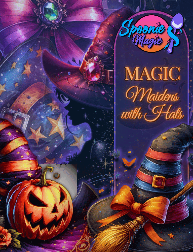 Halloween-themed book cover with witch hats, pumpkin, and broomstick, featuring 'Spoonie Magic' branding.