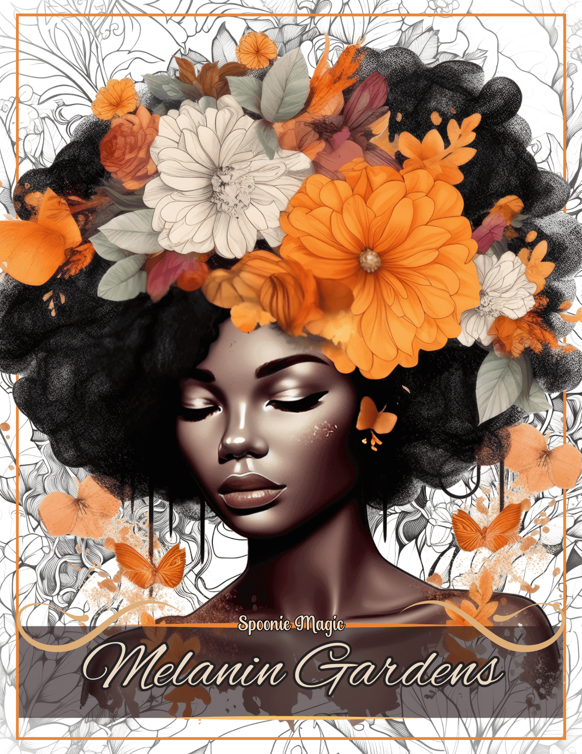 Artistic depiction of a woman with flowers in her hair, featuring the brand 'Spoonie Magic'.