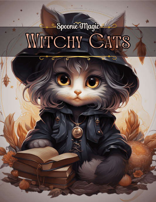 Illustration of a cat in a witch costume with 'Spoonie Magic Witchy Cats' text.