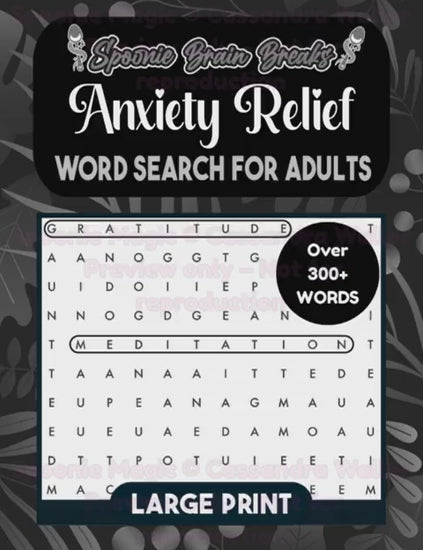 Video scrolling through the inside of the Anxiety Relief Word Search for Adults, displaying large-print grids, clear word lists, and included solutions.