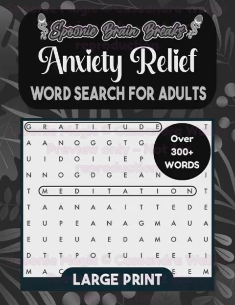 Video scrolling through the inside of the Anxiety Relief Word Search for Adults, displaying large-print grids, clear word lists, and included solutions.