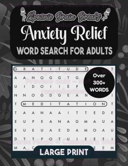 Video scrolling through the inside of the Anxiety Relief Word Search for Adults, displaying large-print grids, clear word lists, and included solutions.