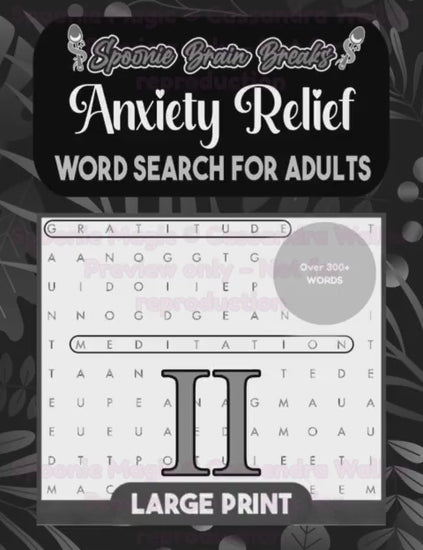 Video scrolling through the inside of the Anxiety Relief Word Search for Adults, displaying large-print grids, clear word lists, and included solutions.