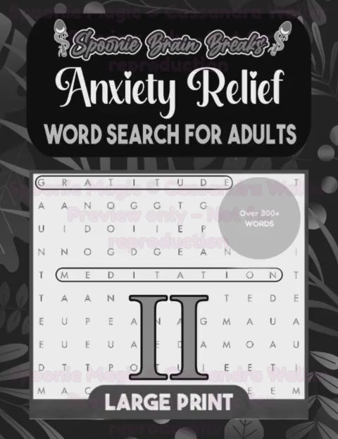Video scrolling through the inside of the Anxiety Relief Word Search for Adults, displaying large-print grids, clear word lists, and included solutions.